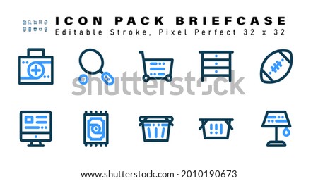 Icon Set of Briefcase Two Color Icons. Contains such Icons as Rugbyball, Monitor, Carpet, Shopping Cart etc. Editable Stroke. 32 x 32 Pixel Perfect