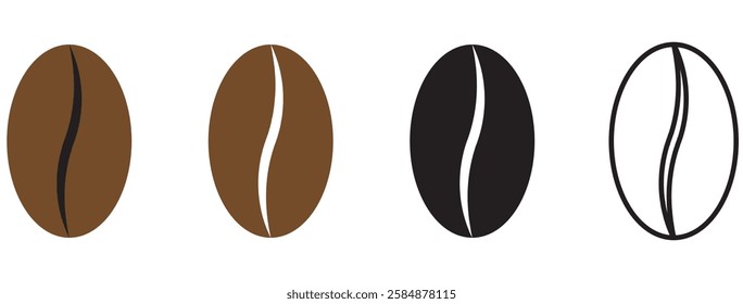 Icon Set of Brown Coffee Beans with Organic Smooth Shape. Vector Image.
