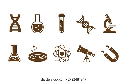 Conjunto de iconos de ciencia marrón que incluye hebras de ADN, tubo de ensayo de microscopio e imán