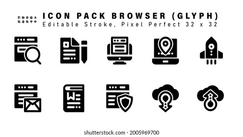 Icon Set of Browser Glyph Icons. Contains such Icons as Boost, Browser, Bookmark, Secure Web etc. Editable Stroke. 32 x 32 Pixel Perfect