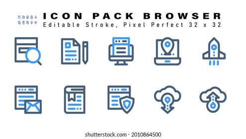 Icon Set of Browser Two Color Icons. Contains such Icons as Boost, Browser, Bookmark, Secure Web etc. Editable Stroke. 32 x 32 Pixel Perfect
