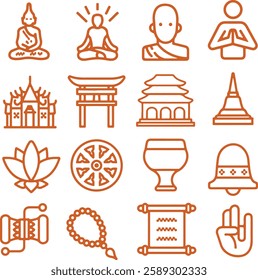 Icon set of buddhism religion. Buddhist temple yoga meditation spiritual mandala  buddha symbol. Thin line icons isolated on transparent background.