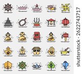 Icon set of buddhism. Buddhism and vesak elements. Icon in MBE style.