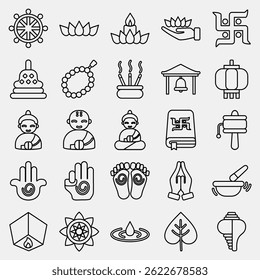 Icon set of buddhism. Buddhism and vesak elements. Icon in line style.