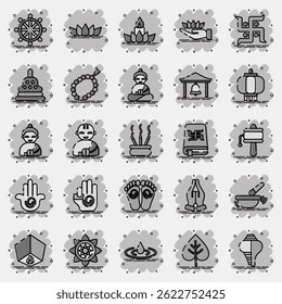 Icon set of buddhism. Buddhism and vesak elements. Icon in comic style.