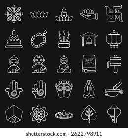 Icon set of buddhism. Buddhism and vesak elements. Icon in chalk style.