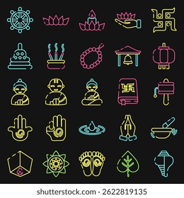 Icon set of buddhism. Buddhism and vesak elements. Icon in neon style.