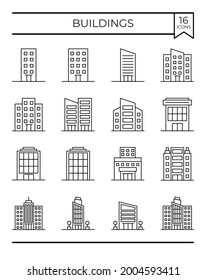 Icon set. Building icons of different sizes and shapes. 16 buildings linear icons.