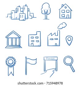 Icon set with buildings and location icons, as industry, office, house, city, finish, flag tree and badge. Hand drawn line art cartoon vector illustration.