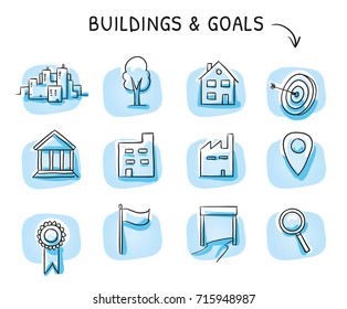 Icon set with buildings and location icons, as industry, office, house, city, finish, flag tree and badge. Hand drawn sketch vector illustration, blue marker style coloring on single blue tiles.
