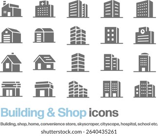 Icon set of buildings. Silhouettes of buildings, houses, shops, hospitals, schools, etc.