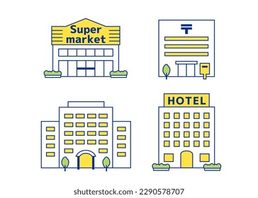 An icon set of buildings such as public facilities and accommodations. simple two-color