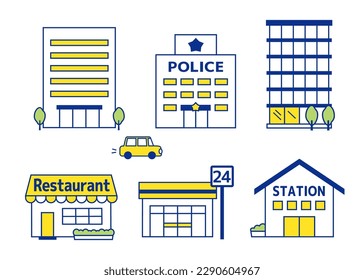 An icon set of buildings such as restaurants, stations, and police stations. simple two-color