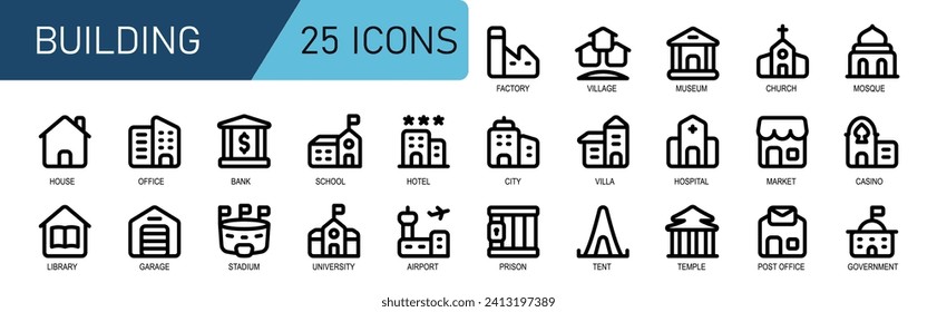 conjunto de iconos edificio.grueso contorno estilo.contiene villa, fábrica, museo, iglesia, mezquita, casino, tienda, mercado, hospital, paramédico, oficina, pueblo, ciudad.ilustración vector.bueno para aplicación y sitio web.