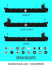 Icon set of bulk carriers for transportation of bulk cereals and icons of grain, corn, sunflower. Constructor for designer. Vector illustration
 svg