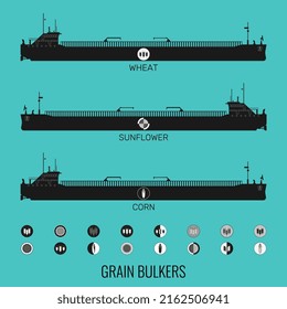 Icon set of bulk carriers for transportation of bulk cereals and icons of grain, corn, sunflower. Constructor for designer. Vector illustration
