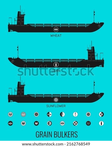 Icon set of bulk carriers for transportation of bulk cereals and icons of grain, corn, sunflower. Constructor for designer. Vector illustration
