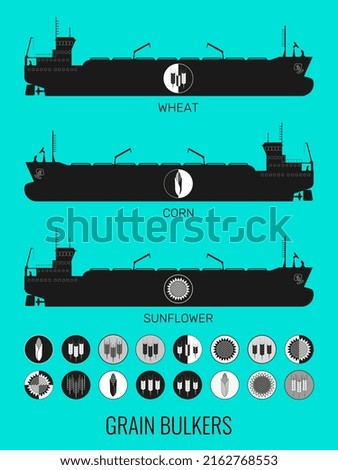 Icon set of bulk carriers for transportation of bulk cereals and icons of grain, corn, sunflower. Constructor for designer. Vector illustration
