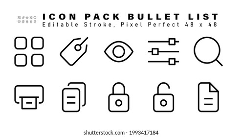 Icon Set of Bullet List Line Icons. Contains such Icons as Search, Print, Document, Padlock etc. Editable Stroke. 48x48 Pixel Perfect