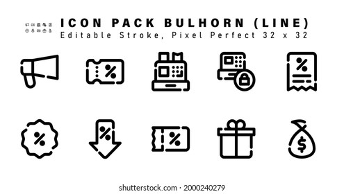 Icon Set of Bullhorn Line Icons. Contains such Icons as Invoice, Discount, Discount Tag, Coupon etc. Editable Stroke. 32 x 32 Pixel Perfect