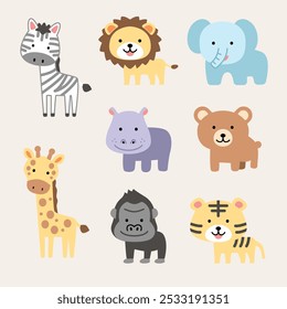 Conjunto de iconos Paquete colección animales zoológico fauna silvestre simple ilustración dibujo niños niños tigre, gorila, elefante, oso, cebra, jirafa, león