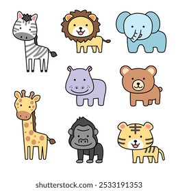 Conjunto de iconos Paquete colección animales zoológico fauna silvestre simple ilustración dibujo niños niños tigre, gorila, elefante, oso, cebra, jirafa, león