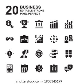 Icon Set of Business. Filled, flat, glyph style icon vector. Contains such of analysis, award, bank, finance, target, calculator, businessman, approved, and more. Editable Stroke and Pixel perfect.