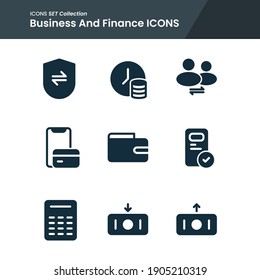 icon set of business finance wallet, calculators, security payment and many more. with solid style vector. suitable use for web app and pattern design.