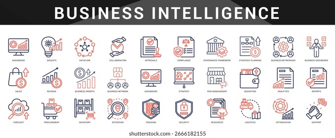 Conjunto de ícones para business intelligence incluindo painel de controle, previsão, análise, insights e planejamento orientado por dados.