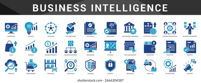 Conjunto de ícones para business intelligence incluindo painel de controle, previsão, análise, insights e planejamento orientado por dados.