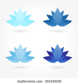 Icon Set Business Logo. Corporate, Yoga, Spa, Health, Style Templates Vector Logo Design. Set Of Four Shapes Of Lotus Flowers Of Blue And Light Blue.