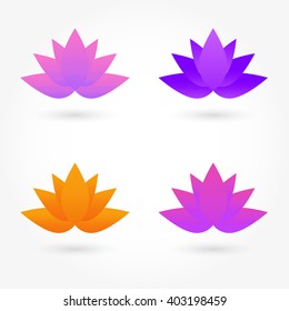 Icon set business logo. Corporate, yoga, spa, health, style templates vector logo design. Set of four shapes of lotus flowers of pink, orange and purple.
