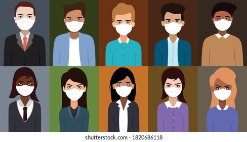 Icon set of business man and business woman wearing medical mask in flat style
