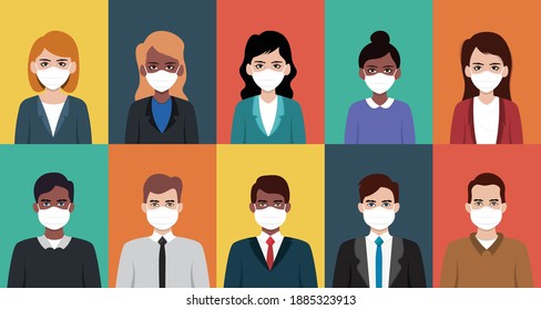 Icon set of business man and business woman wearing medical mask. Vector illustration.	
