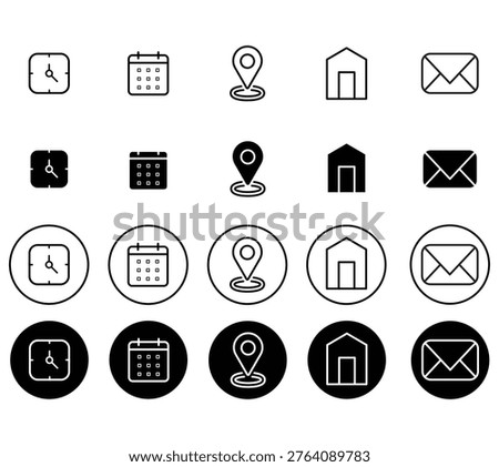 Icon set, business navigation elements, location and communication symbols, 20 black and white graphics