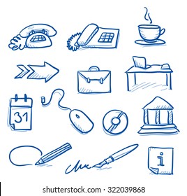 Icon set business office & communication with phone, coffee, desk, calendar, mouse, signature, law. hand drawn vector doodle