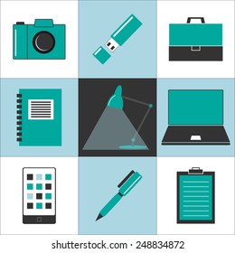 Icon set business office flat design vector illustration collection symbol graphic modern element concept web tool equipment technology. Camera usb briefcase notebook laptop smartphone pen clipboard