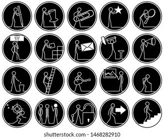 Icon set of business people in flat linear style. Vector illustration of write, attach, starred, search, email, notify, trash, meeting, lock, team, career ladder. Editable stroke line width.