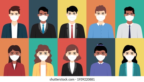 Icon set of business people.man and woman wearing medical mask flat style design.