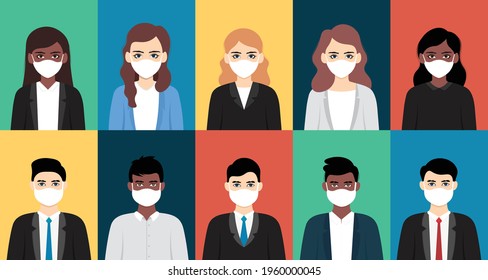 Icon set of business people.man and woman wearing medical mask flat style design.