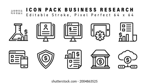 Icon Set of Business Research Line Icons. Contains such Icons as Business Report, User Interface Design, Money Insurance, Business Graph etc. Editable Stroke. 64 x 64 Pixel Perfect