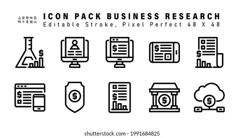 Icon Set of Business Research Vector Line Icons. Contains such Icons as Business Report, User Interface Design, Money Insurance, Business Graph etc. Editable Stroke. 48x48 Pixel Perfect