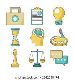 icon set of business and skills related icons over white background, colorful design, vector illustration