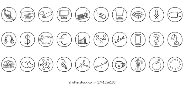 Icon set. Business subjects. Vector. Doodle style. Thumbnails. Outline on an isolated white background. Collection of elements in a circle. Composition of symbols for menu, web design. Group of icons.