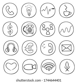 Icon set. Business subjects. Vector. Doodle style. Thumbnails. Outline on an isolated white background. Collection of elements in a circle. Currency, calls, communications, ideas, charts. Composition.