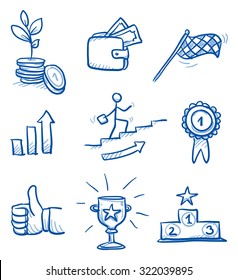 Icon Set Business Success With Money, Winner's Podium, Trophy, Thumb Up, Chart. Hand Drawn Vector Doodle