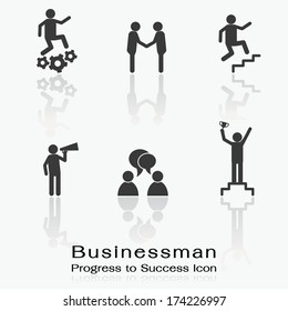 Icon set of businessman being progress in success, working, corporate, promotion, announcement, conversation, and winning. 