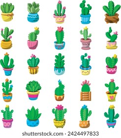 Icon set of cactus flower vector. Cactus plants set vector in variation pot. Succulent vector illustration isolated on white background.