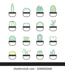 Icon set of cactus in pot,simple line art graphic style