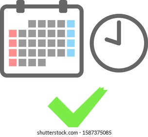 Icon set of a calendar, a clock and a check mark